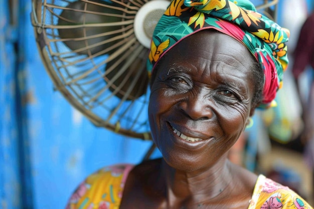 Photo a woman smiles warmly a fan providing a momentary respite from the heat in a vibrant african market