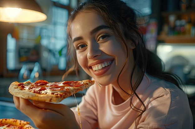 Photo a woman smiles while eating a slice of pizza