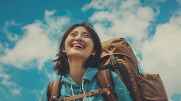 a woman smiles while hiking with a backpack