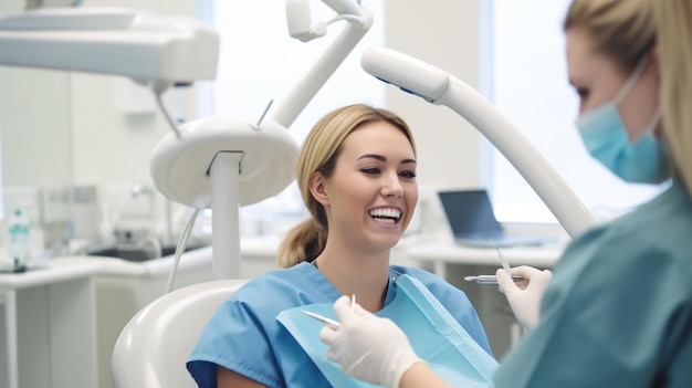 A woman smiles while holding a dental drill and a dentist in a dental chair