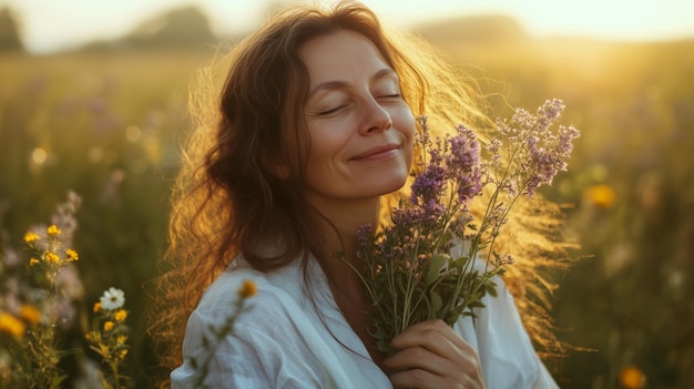 A woman smiles while holding lavender flowers in a sunlit meadow during the golden hour