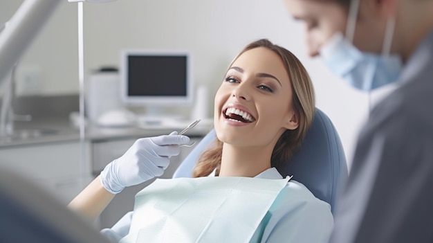 A woman smiles while sitting in a dentist chair.