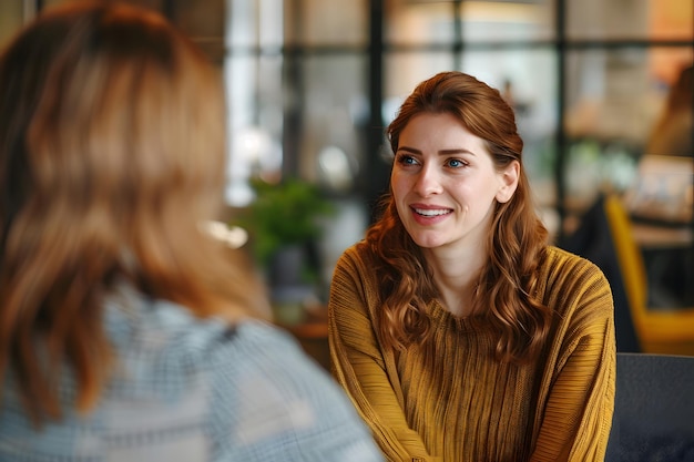 Photo a woman smiles while talking to a colleague in a modern office