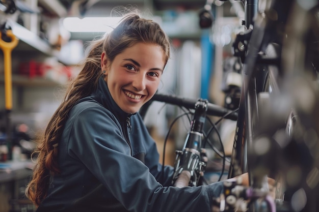 a woman smiles while working on a bicycle