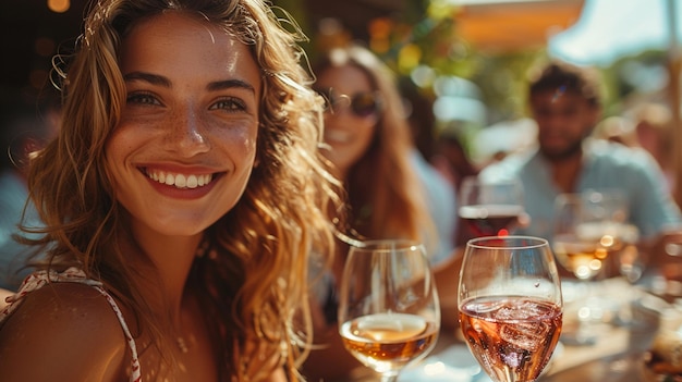 a woman smiles next to wine glasses with her friends in the background