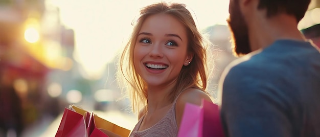 Photo a woman smiles with a bunch of shopping bags in the background