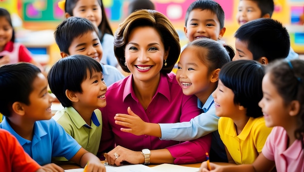 a woman smiles with children in a classroom