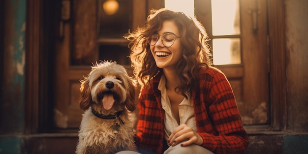 Photo a woman smiles with her dog