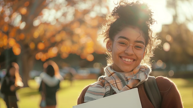 a woman smiles with a sign that says quot happy people quot