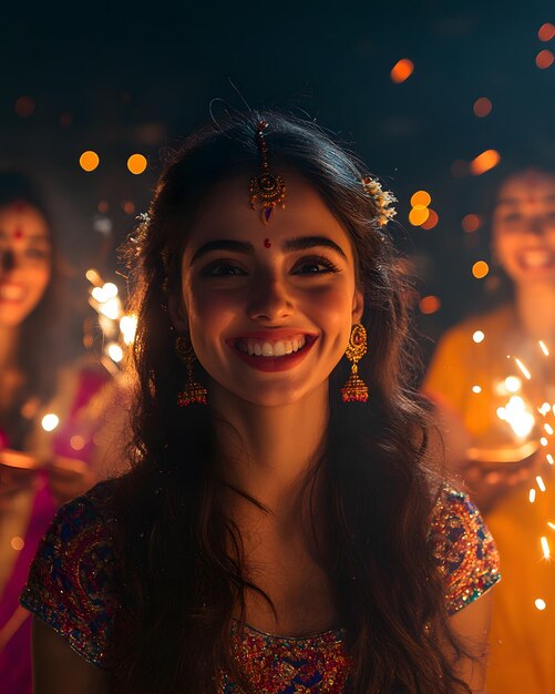 Photo a woman smiles with sparklers in the background