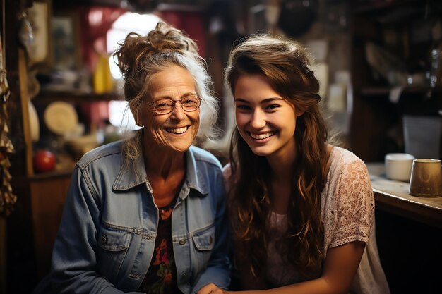 A woman smiles with a young woman in a room.