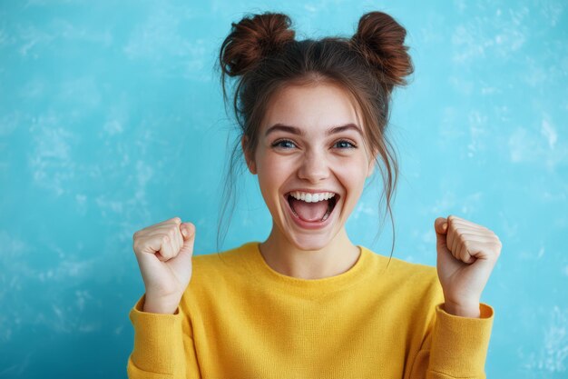 Photo woman smiling against a blue background