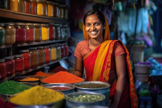 A woman smiling amidst the spices in an Indian market