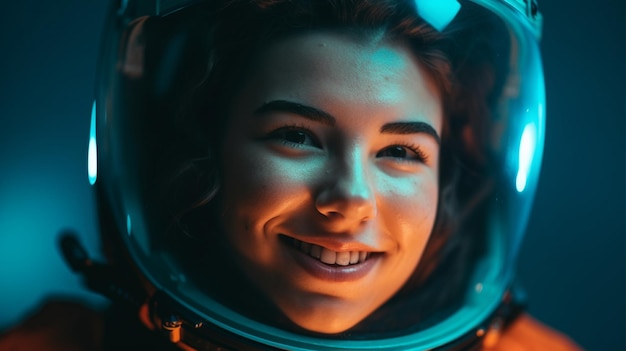 woman smiling in astronaut uniform