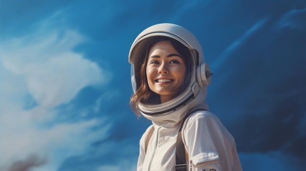 woman smiling in astronaut uniform