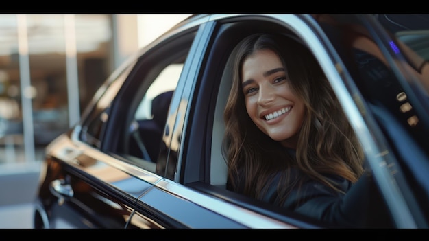 The woman smiling in car