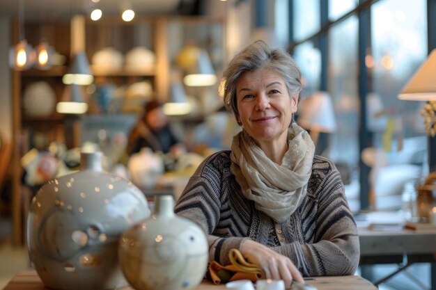 A woman smiling in a cozy pottery shop with decorative vases on a wooden table soft lighting and a warm ambiance