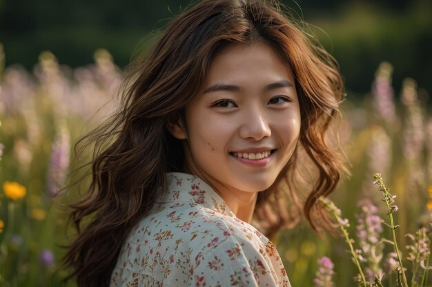 Woman Smiling in Flower Field at Sunset