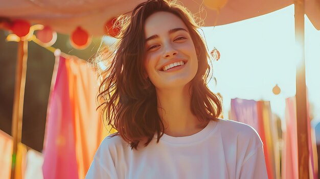 a woman smiling in front of a clothes store with a smile on her face