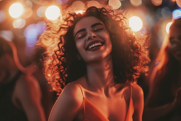 Photo a woman smiling in front of a crowd of people