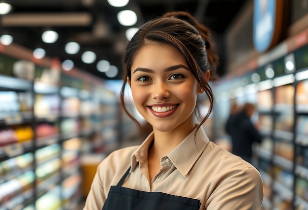 Photo a woman smiling in front of a store with a smile on her face