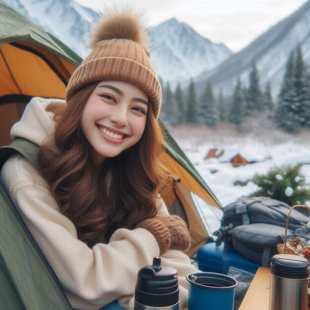 Photo a woman smiling in front of a tent with a mountain in the background