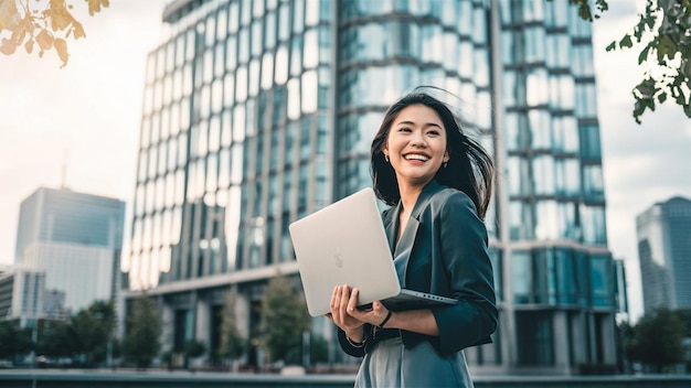 a woman smiling and holding a laptop with the word  on it