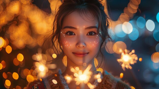 Photo woman smiling holding sparklers