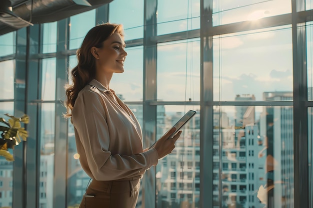 A woman smiling and holding a tablet in a modern office with large windows