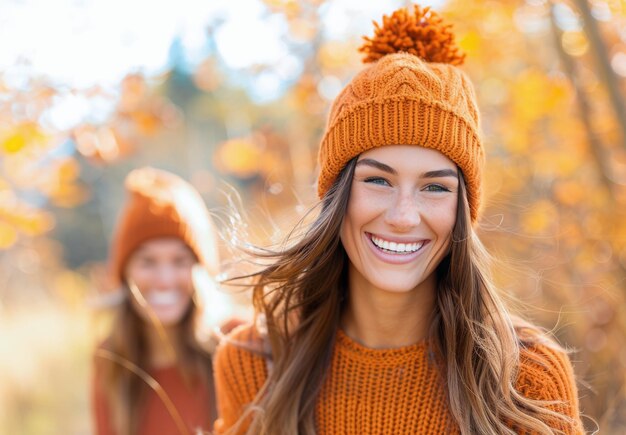 Photo woman smiling in orange knit hat during fall