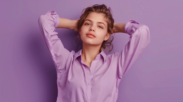 A woman smiling and posing for a camera wearing a bright purple shirt