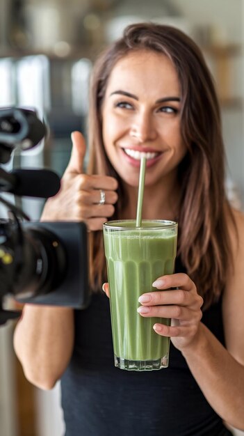 Photo woman smiling shows a thumbs up she drinking green wheatgrass energy shake