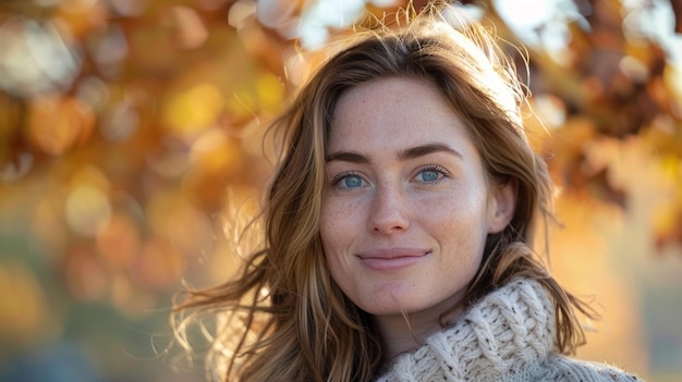 A woman smiling softly against a blurred background of autumn leaves