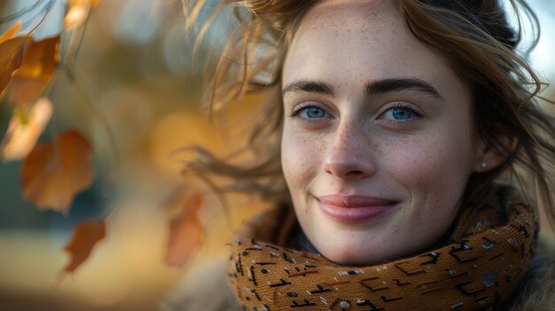 A woman smiling softly against a blurred background of autumn leaves