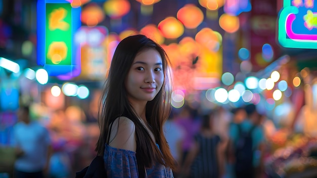 Woman Smiling in Vibrant Night Market with Colorful Lights