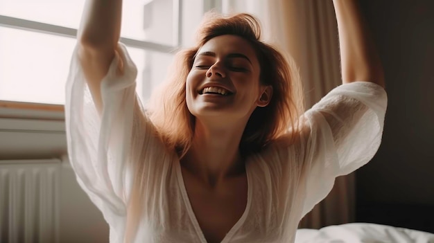 Woman smiling and waking up on a sunny bed AI generated