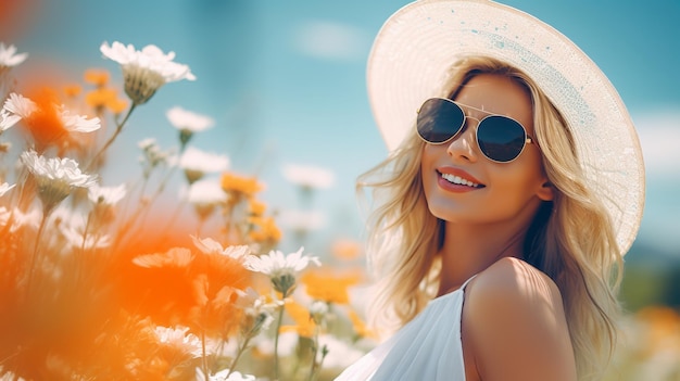 woman smiling and wearing sunglasses with hat on warm sunny day