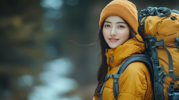 Photo a woman smiling wearing yellow jacket and a backpack