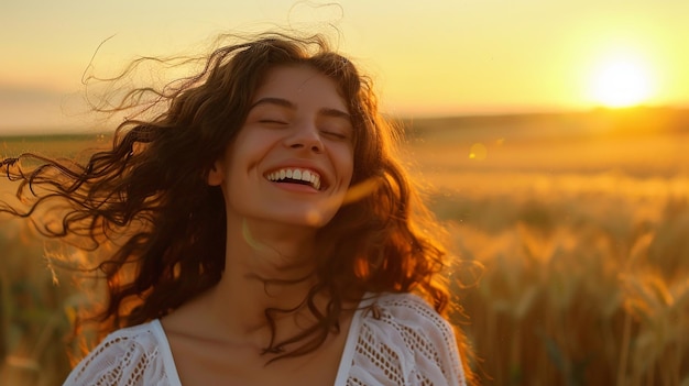 A Woman Smiling in a Wheat Field with the Sun Behind Her