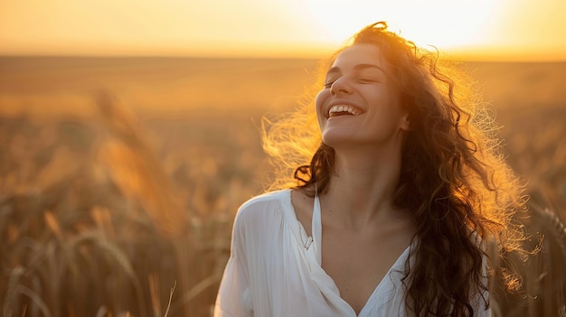 A Woman Smiling in a Wheat Field with the Sun Behind Her