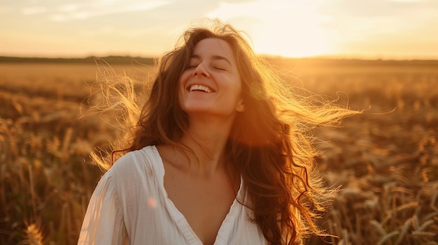 A Woman Smiling in a Wheat Field with the Sun Behind Her