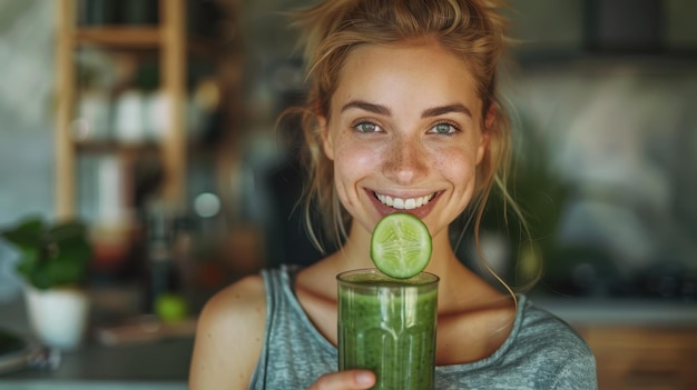 Woman Smiling While Drinking Green Smoothie in Kitchen