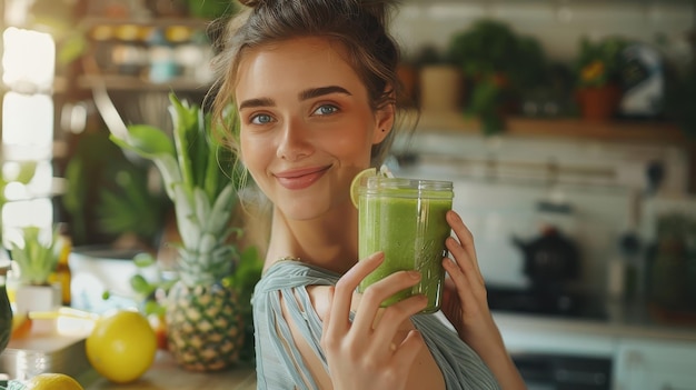 Woman Smiling While Holding Green Smoothie in Kitchen