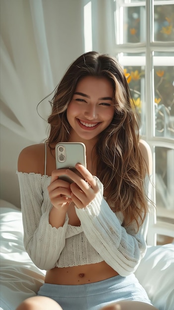 A woman smiling while holding her phone