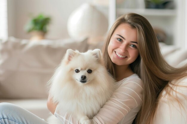 Photo a woman smiling while holding a small fluffy white dog in a cozy home environment