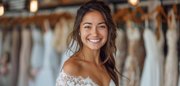 Woman Smiling While Trying On Wedding Dress in Bridal Boutique