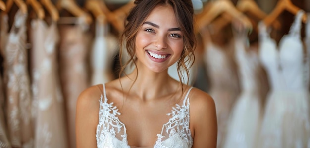 Woman Smiling While Trying On Wedding Dress in Bridal Boutique