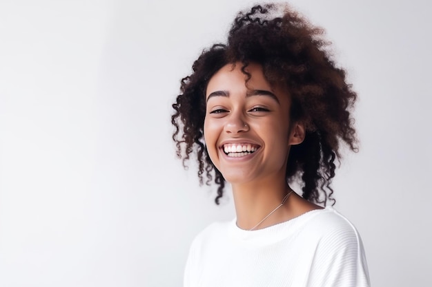 Woman smiling in a white sweater on a white background Generative AI