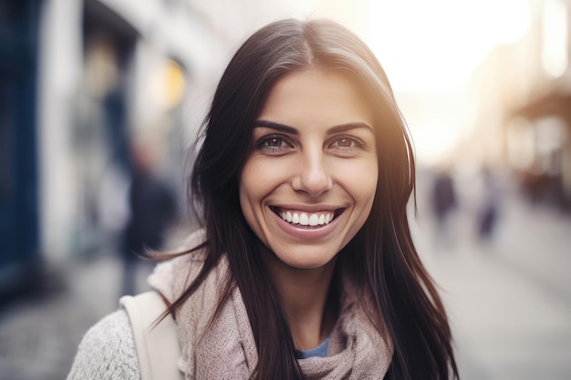 Woman smiling in a white sweater on a white background Generative AI