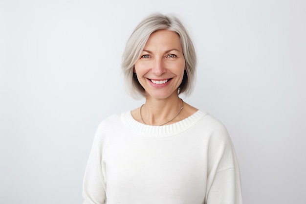 Woman smiling in a white sweater on a white background Generative AI